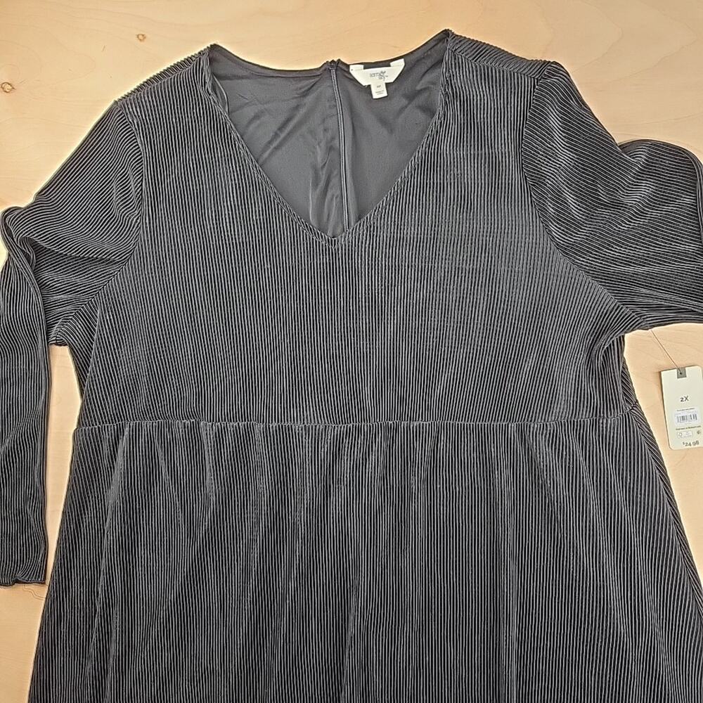 Terra & Sky Navy Black Long Sleeve Plisse Satin Feel Midi Dress Plus Size 2X NWT